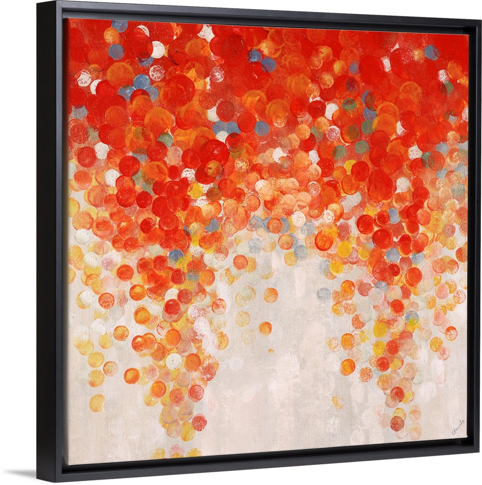 Abstract painting of a large cluster of gumballs in warm tones that appear to be raining downward, on a light neutral back...