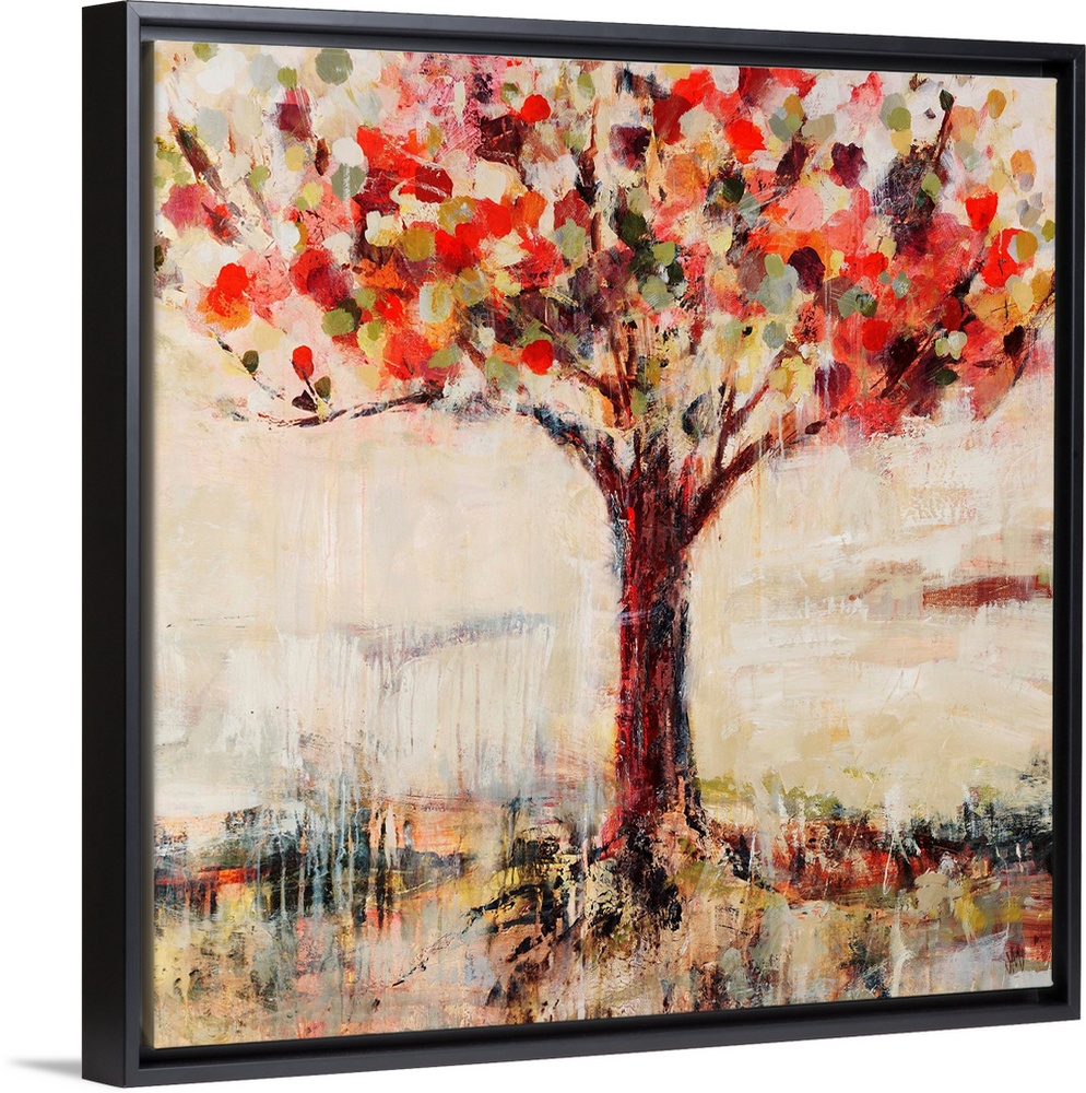 Abstract landscape painting feature a tree done in vibrant, candy-like colors.