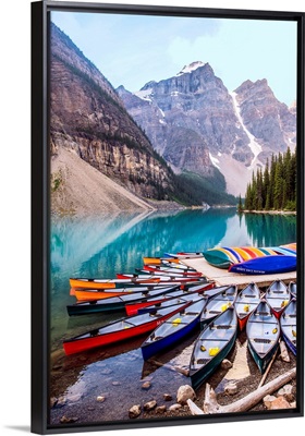 Canoes At Moraine Lake, Banff National Park, Alberta, Canada