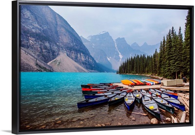 Canoes At Moraine Lake, Banff National Park, Alberta, Canada