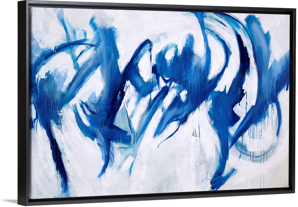 Abstract painting of royal blue paint splashes and swipes as if to give the appearance of figures dancing.
