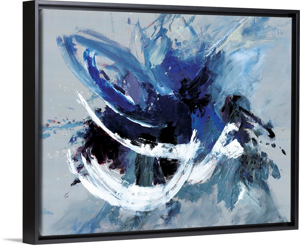 Contemporary abstract artwork in blue, black, and white in broad, fast brushstrokes.