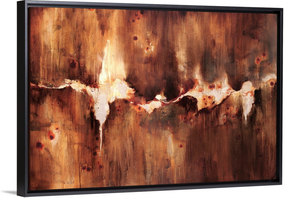 Abstract artwork that is rust colored with a crack through the middle with an off white background showing.