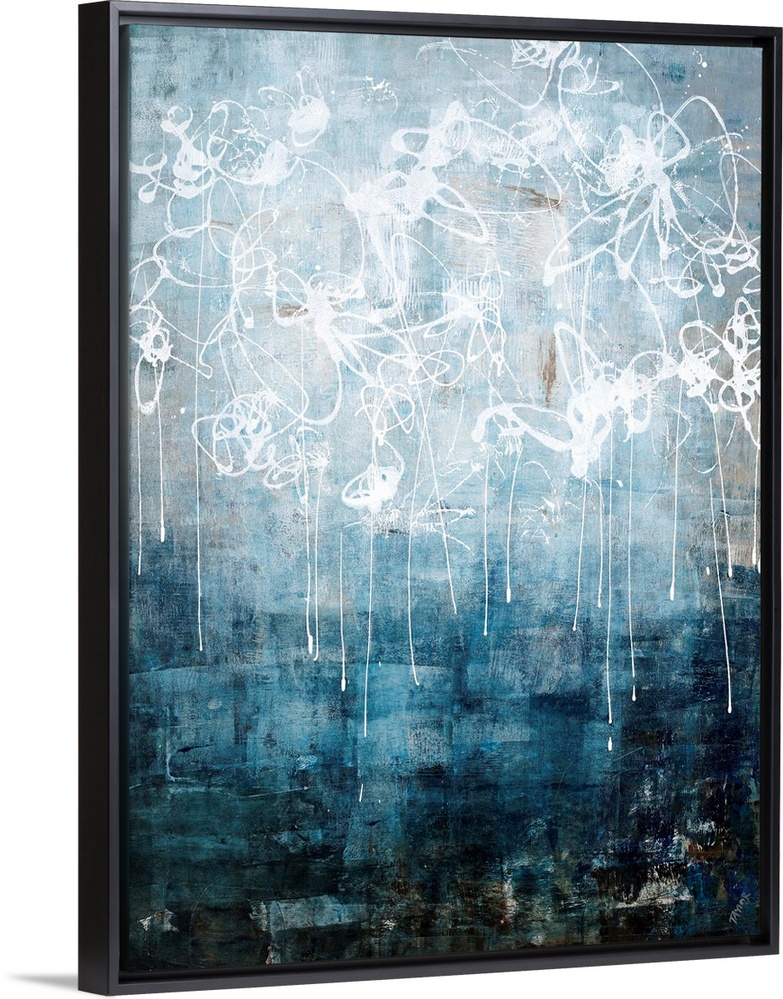 Contemporary abstract painting using neutral tones and dark blue tones with scribbled white paint strokes resembling cave ...