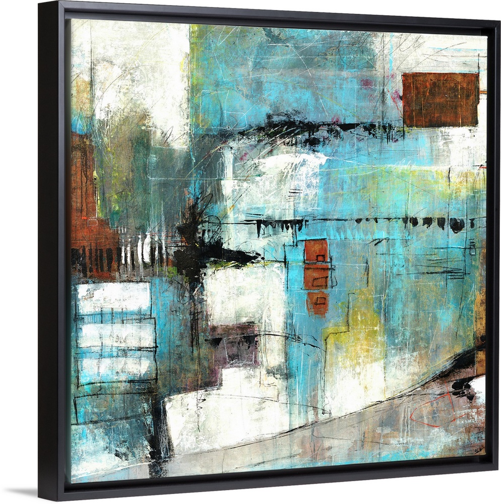 Contemporary abstract artwork with sketchy, quick lines and dark blocks on top of a pale background, reminiscent of an urb...