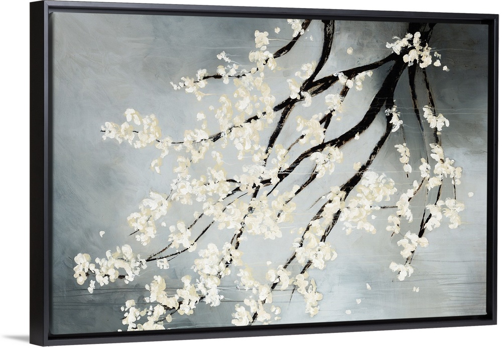 Contemporary drawing of blooming white flowers on the dark branches of a cherry tree hanging down from the top.