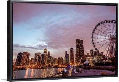 Chicago Skyline with Centennial Wheel at Night.