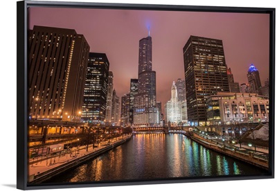 Chicago Skyscrapers over the Chicago River at Dusk