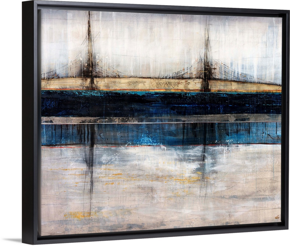 Abstract art piece depicting a bridge in a city spanning across a river.