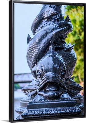 Close Up of Dolphin lamp at River Thames in London, England