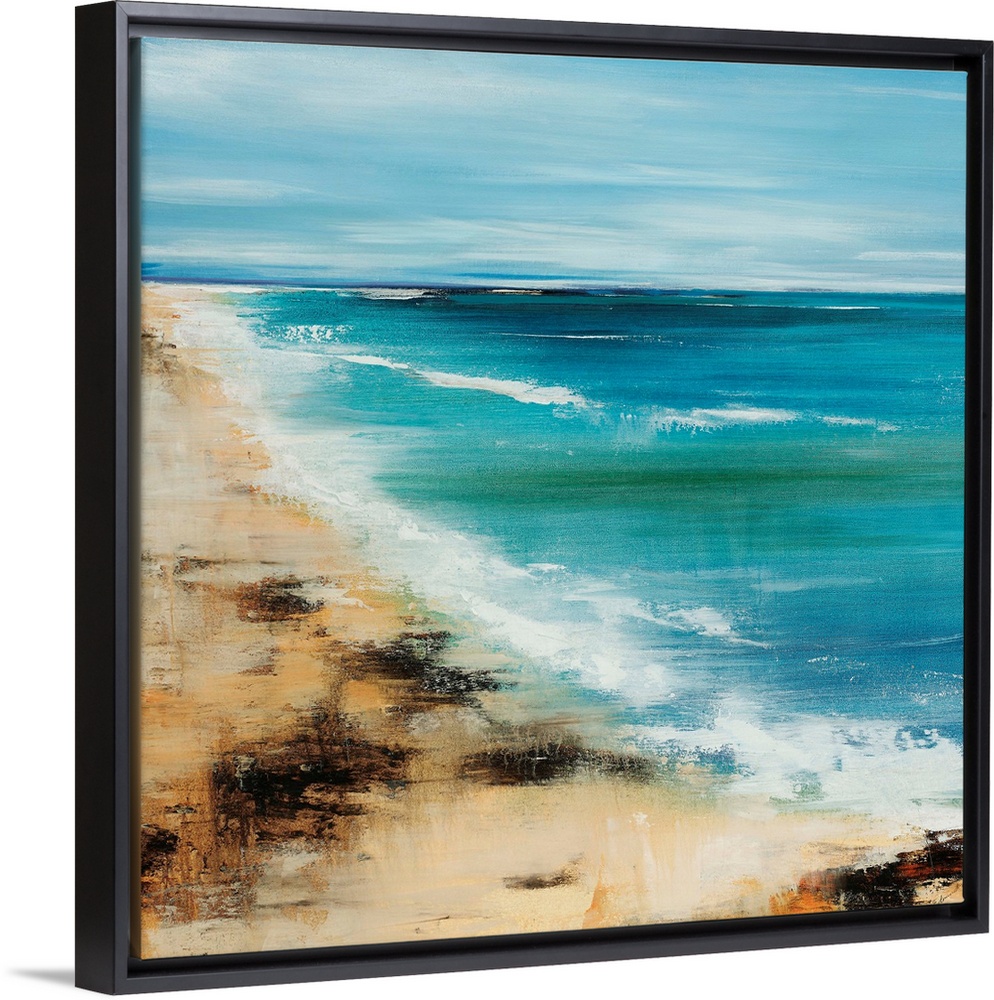 Contemporary painting of slightly blurred, out of focus shoreline with surf and waves rolling in under a cloud sky.