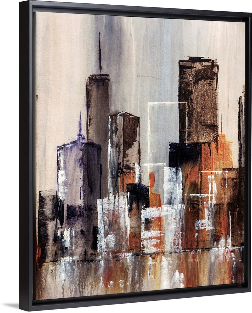 Contemporary abstract painting of cityscape and waterfront. The painting uses simple geometric shapes to create buildings ...