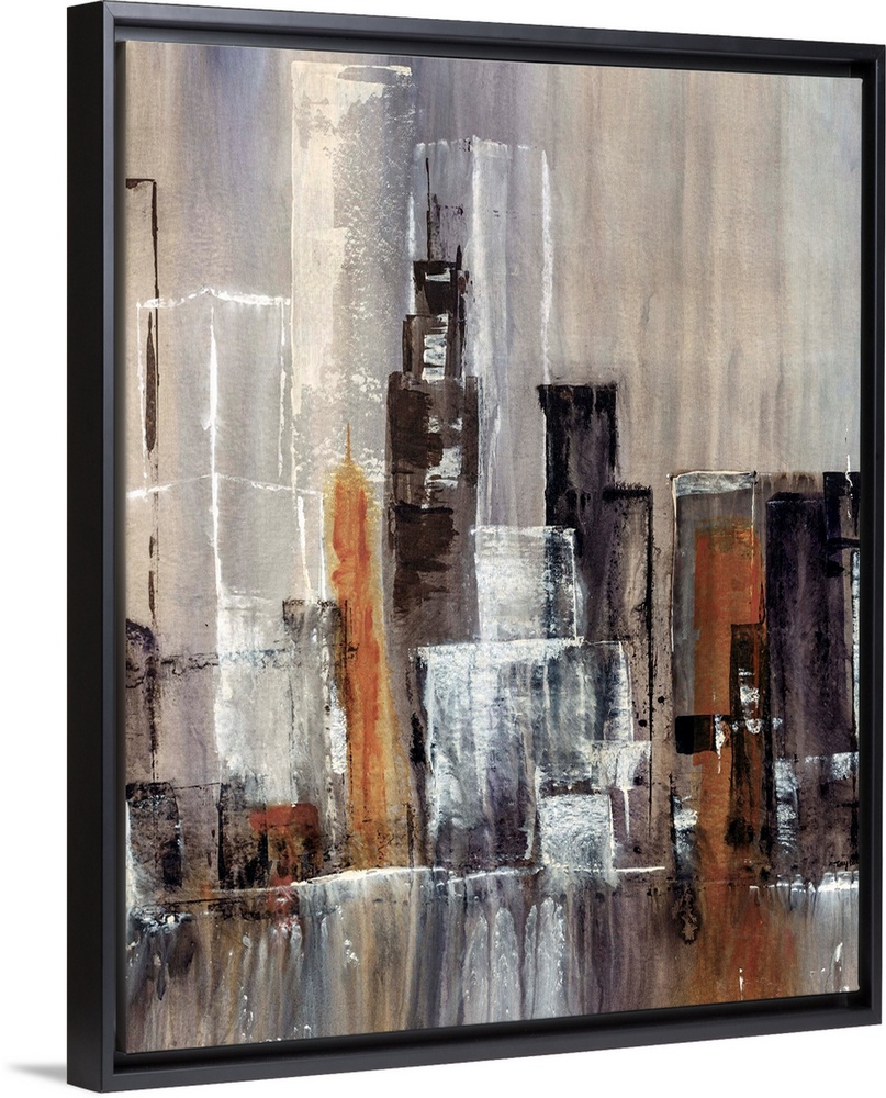 Contemporary abstract painting of tall city building and skyscrapers with waterfall in the foreground. The image is colore...