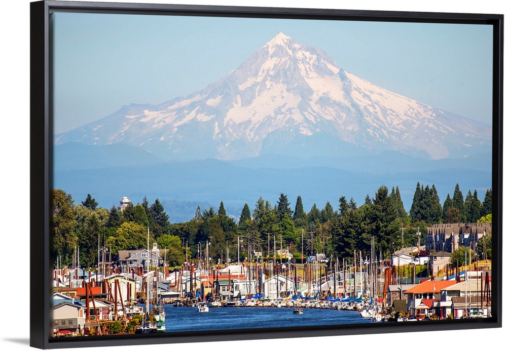 View of a marina in Columbia River with Mount Hood in the background, Portland, Oregon.