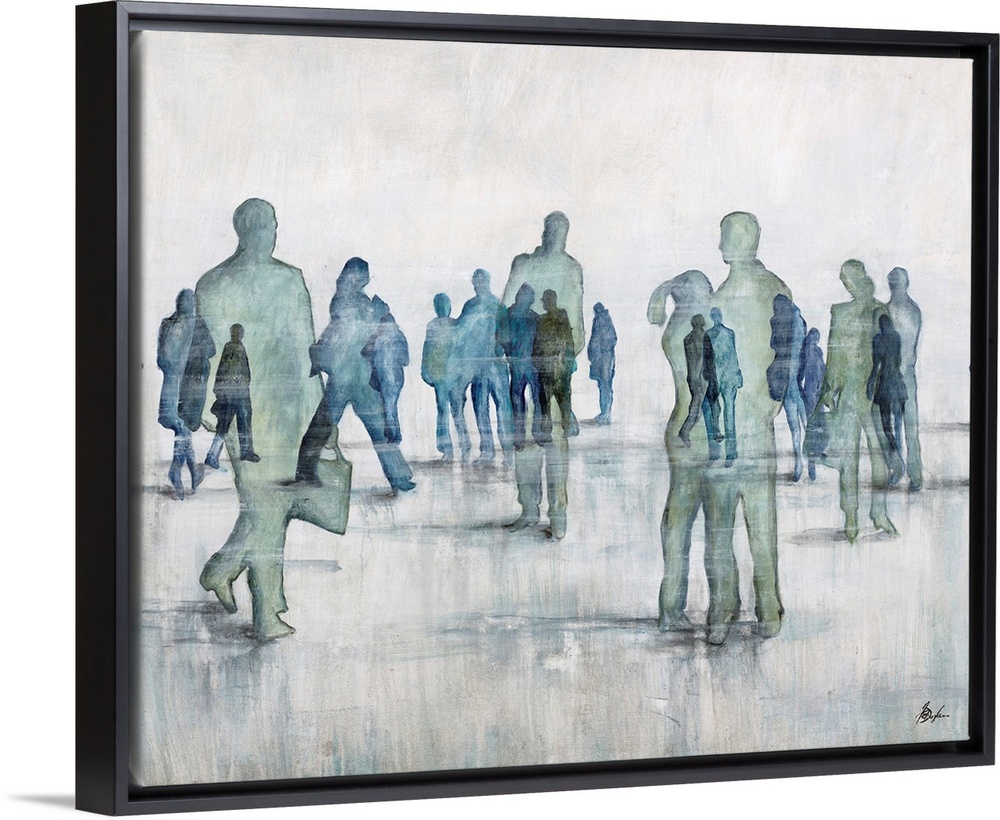 Contemporary painting of transparent figures in cool tones gathering.