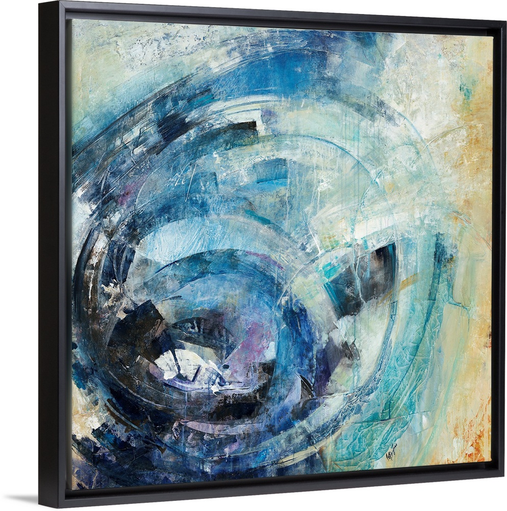 Contemporary painting of concentric circles in chades of blue with hint of purple.
