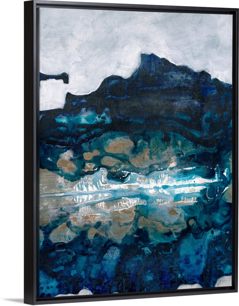 Contemporary painting of blue forms mimicking a cool natural landscape, such as a lake or mountain.