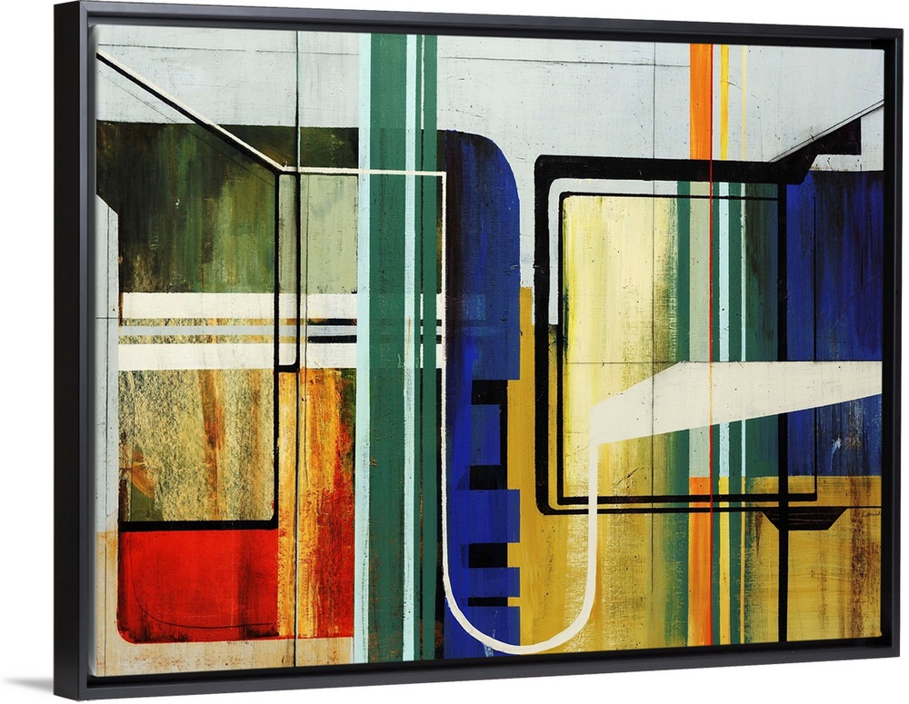 Abstract modern art featuring geometric lines and  a colorful, but simple palette.