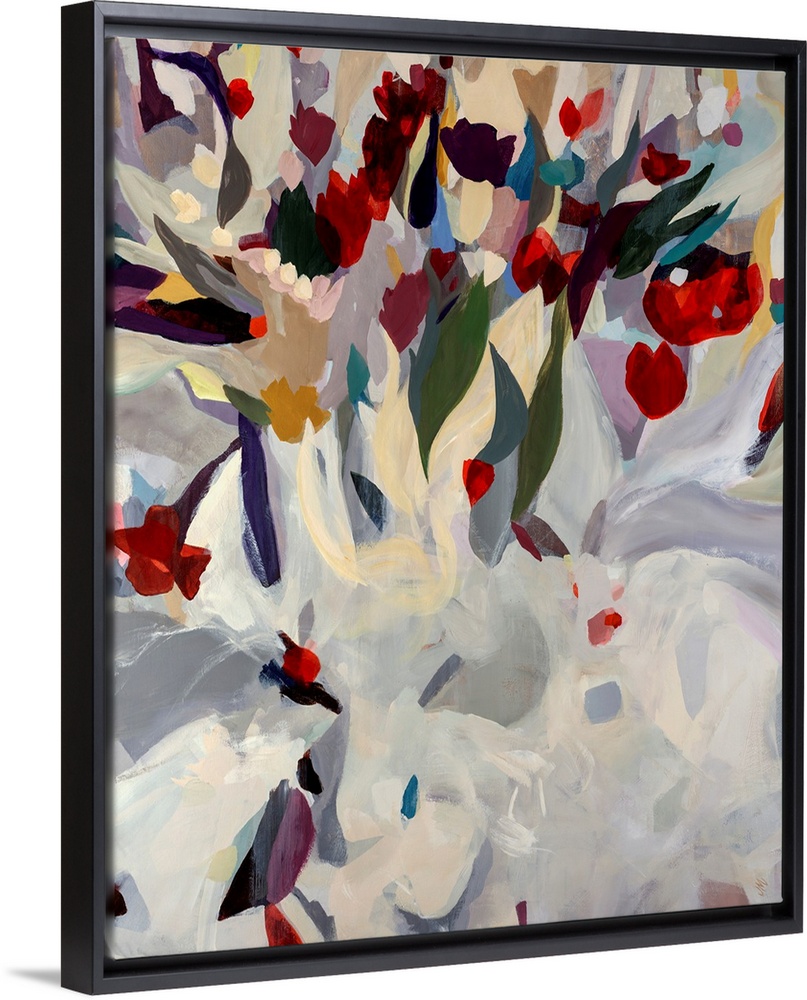 Large abstract modern painting of a uniquely arranged bouquet of blooming flowers. Vibrant tones in flowers at the top con...