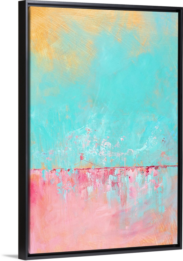 Contemporary abstract painting in yellow, teal, and pink.