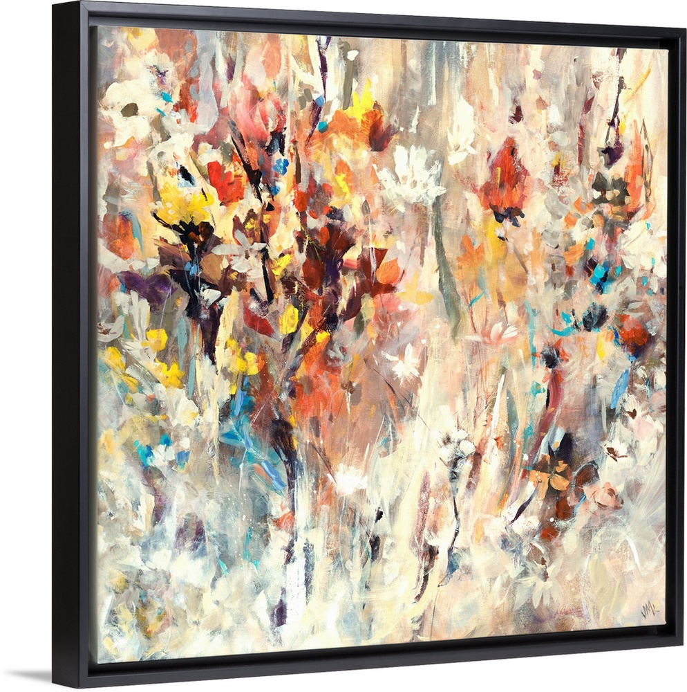 Contemporary painting of many bright flowers, seemingly jumping from the beige background, full of motion and splashes of ...