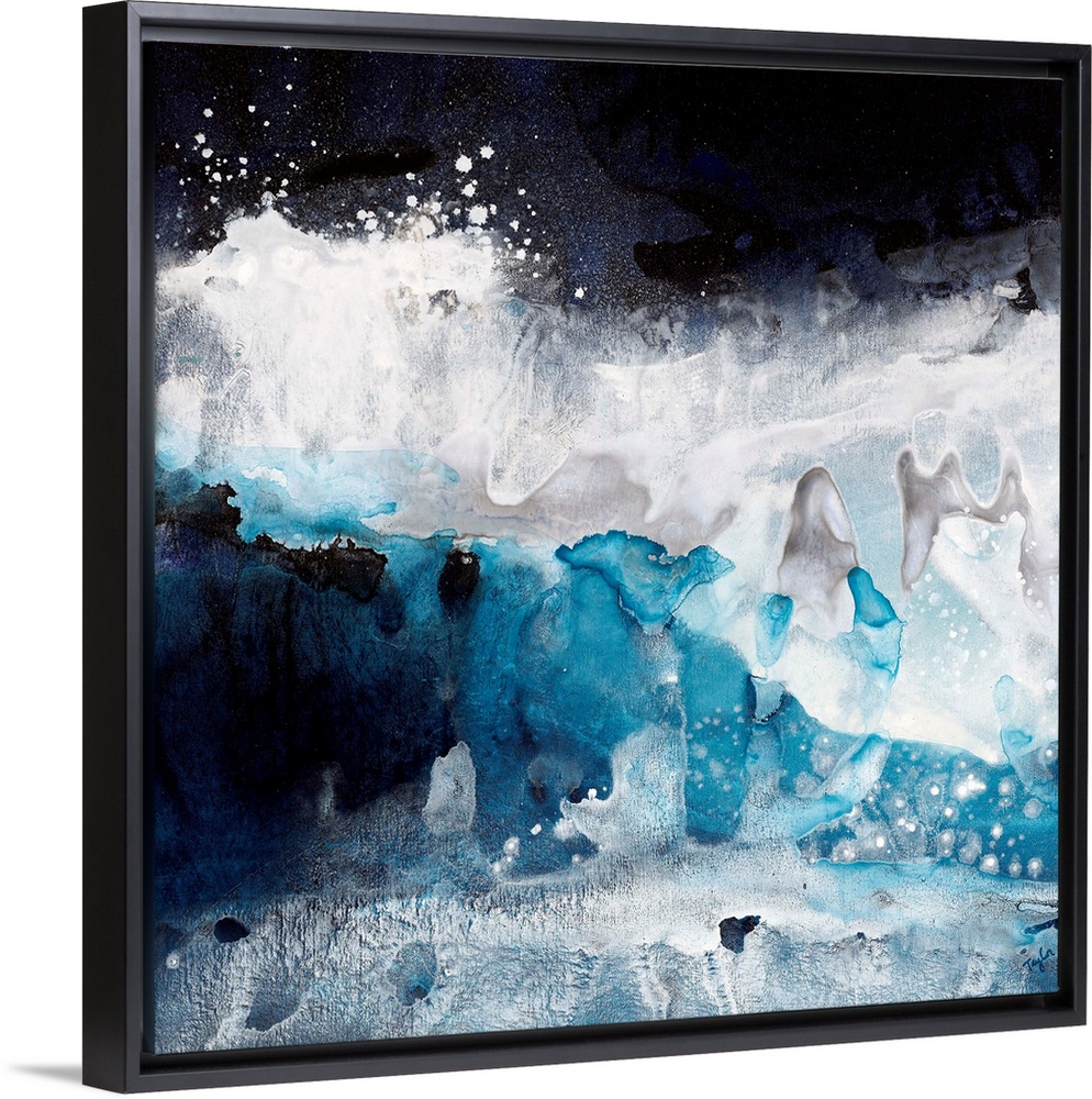 Contemporary abstract painting of what looks like crashing blue and white waves of ocean water.