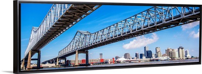 Crescent City Connection and New Orleans Skyline Over the Mississippi Bridge - Panoramic