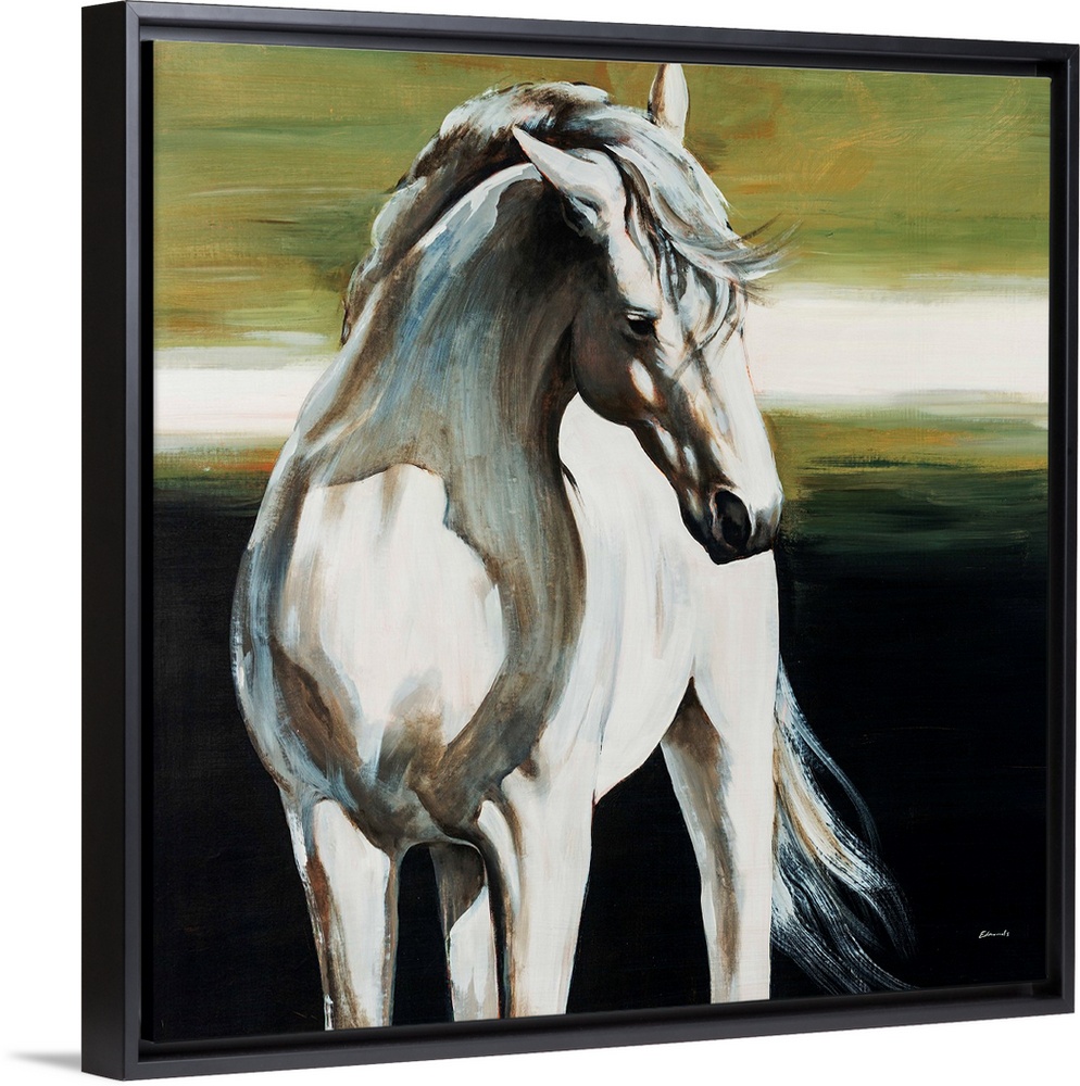 Square, big painting of a partially shadowed, white horse from the knees up, standing forward with its head turned to the ...