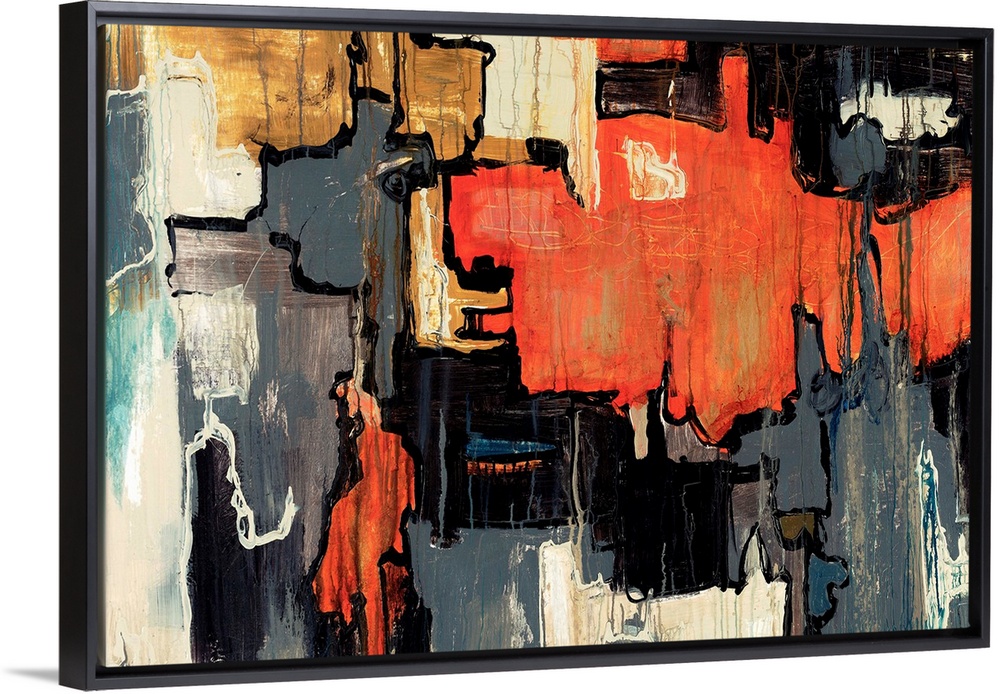 Abstract painting of bold dark colors with black lines running between the separation of colors.
