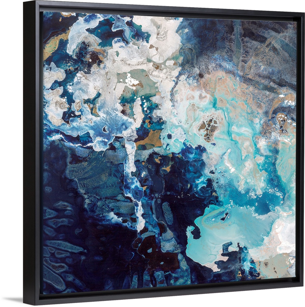 Abstract contemporary painting with dark navy and bright blue splashes.