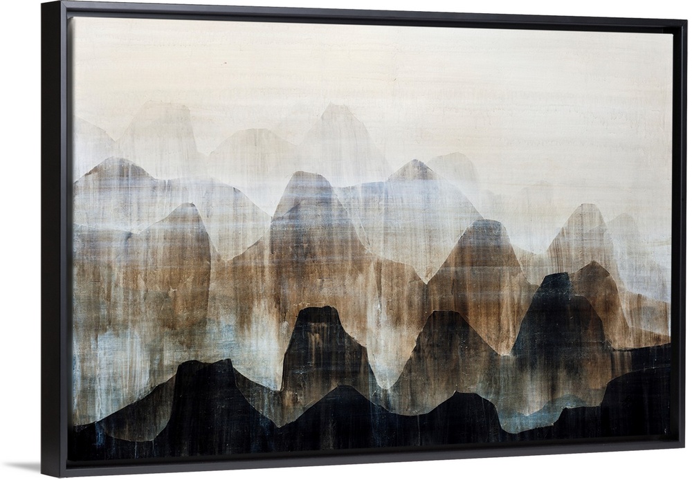 Contemporary artwork of a mountain range painted in various earth-tones.