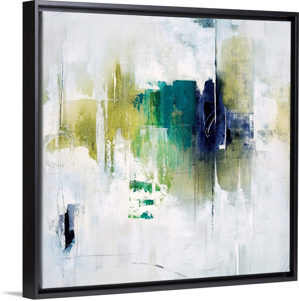 Abstract painting using vivid green and blue tones in gradients on a neutral background.