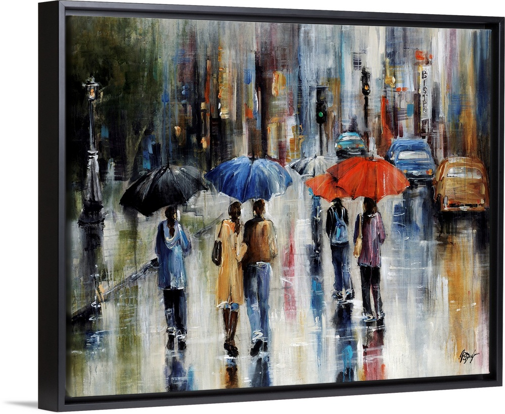 Large painting of people walking in the street with umbrellas. There is a sidewalk to the left of them and cars ahead to t...