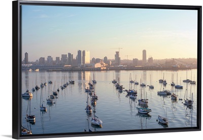 Downtown San Diego And Anchored Sailboats In California