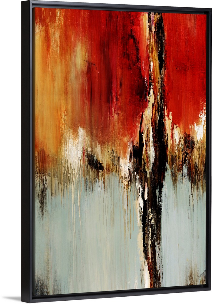 Vertical abstract painting on canvas of warm colors meeting neutral colors.