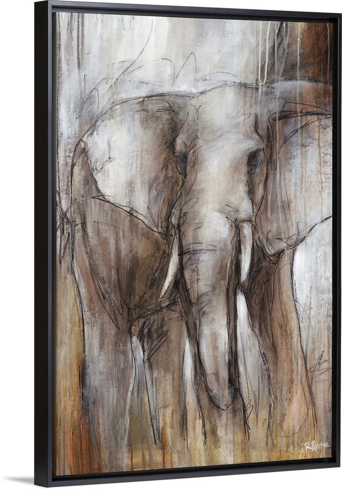 Illustrative painting of an elephant done in varying shades of grayish-brown.