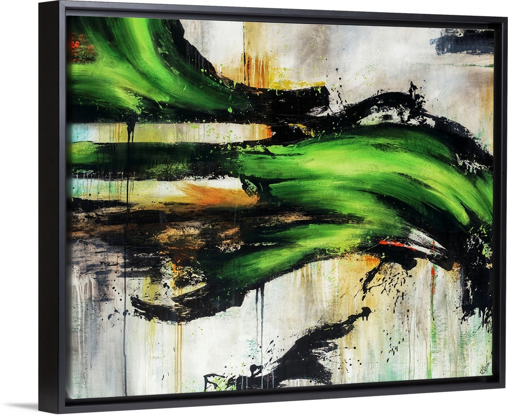 Abstracted painting of a cityscape done in varying shades of blue with pops of yellow.