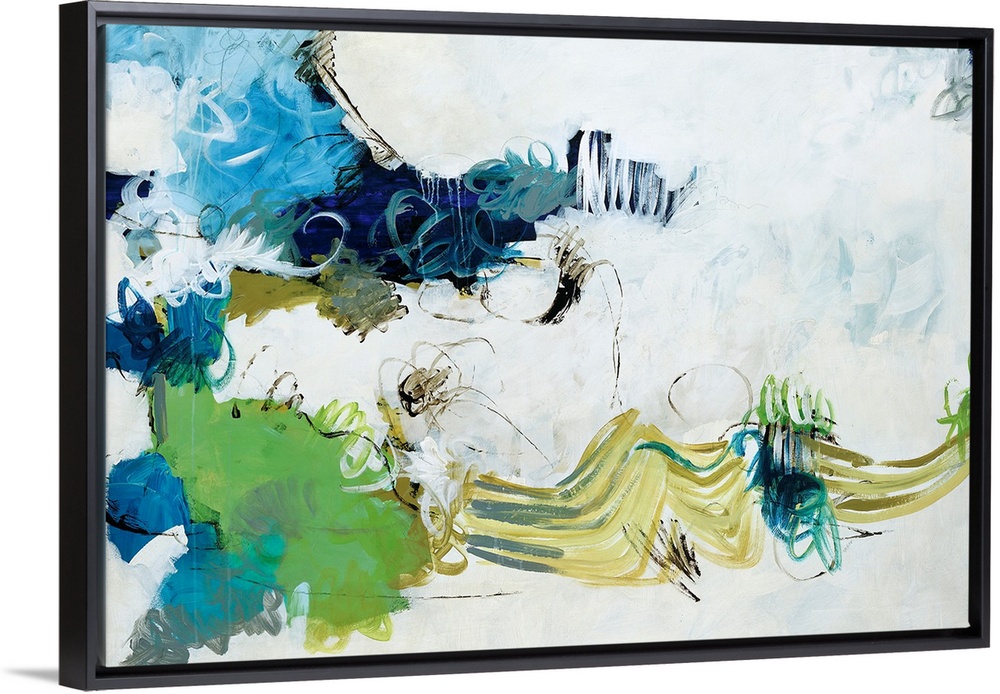 This is a horizontal abstract painting using a squiggly brush strokes and cloud like shapes to fill contemporary decorativ...