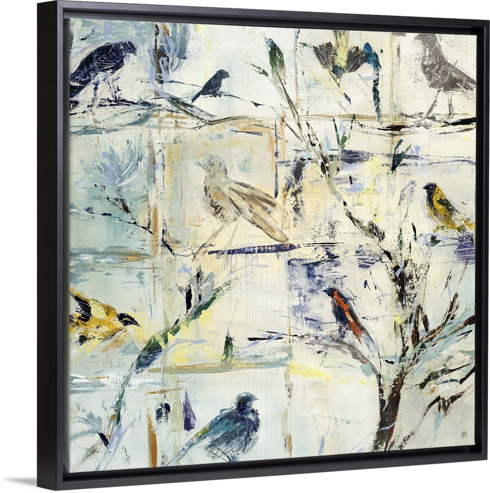 Contemporary painting of various abstracted birds against a cool cream background.