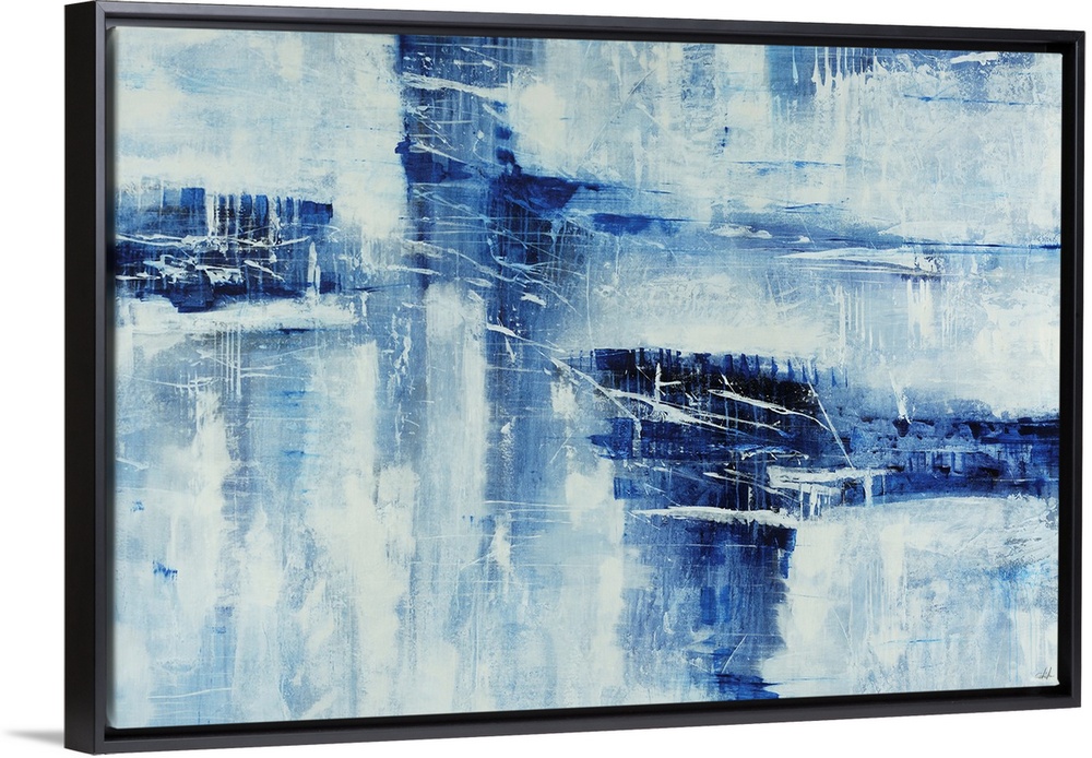 Contemporary abstract art of cool tones cut out and faded over top of a neutral background.