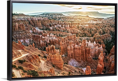 Fiery orange hoodoo rock formations in Bryce Canyon Amphitheater, Utah