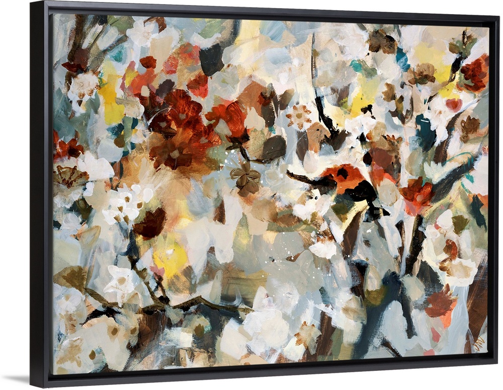 Abstract painting of various types of flowers that are bunched together and uses soft colors.