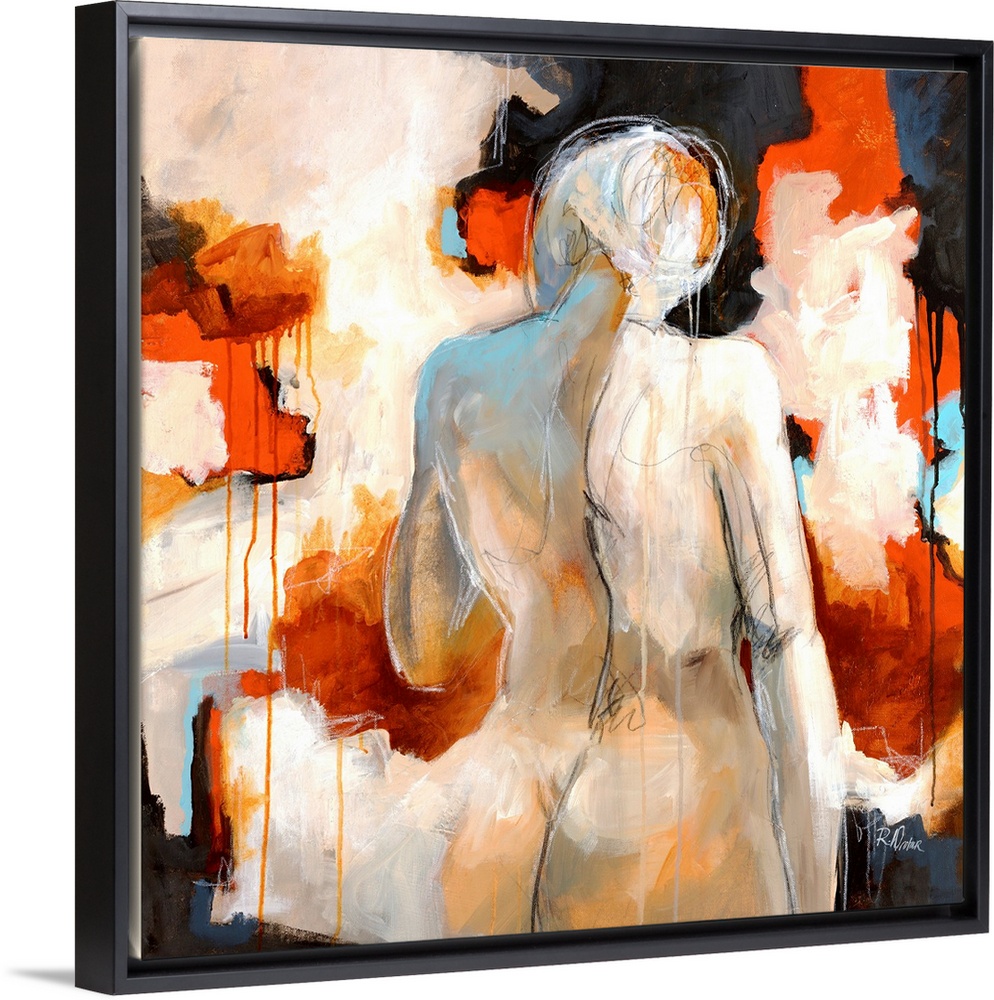 Giant contemporary art shows a profile from behind of a nude woman standing in front of background composed of multiple pa...