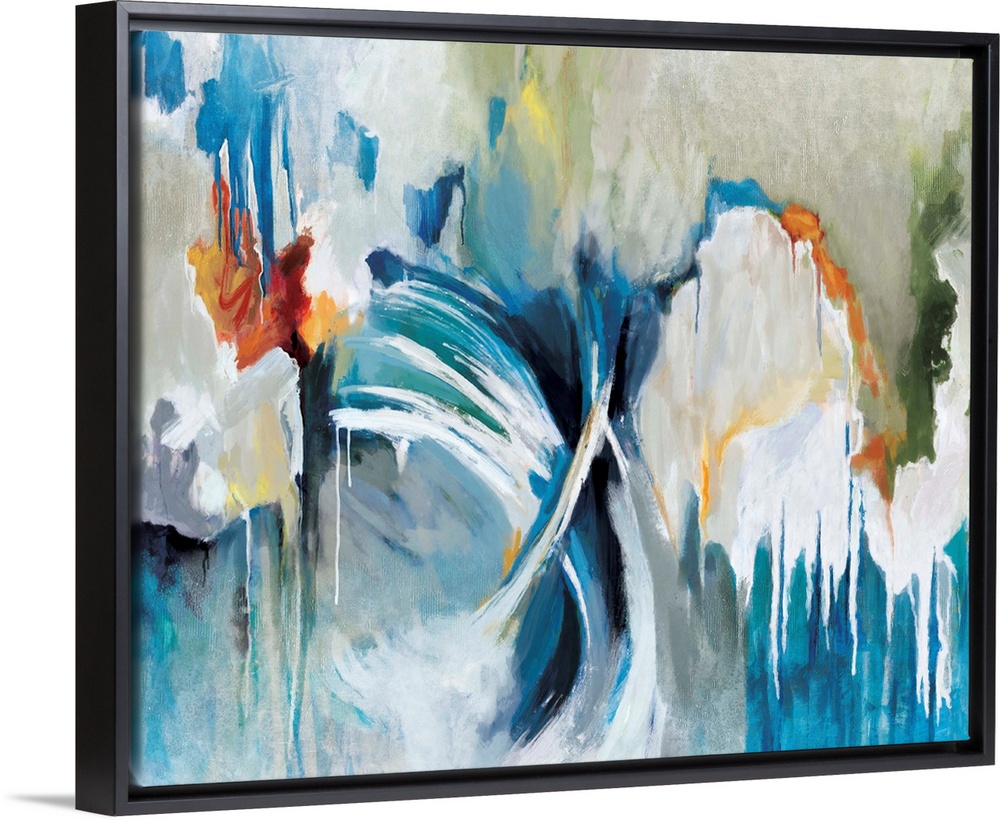 Contemporary abstract artwork in bright colors with flowing, moving shapes.