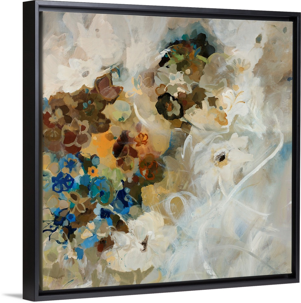 Large painting of assorted flower blossoms in mostly neutral tones with a rough texture.