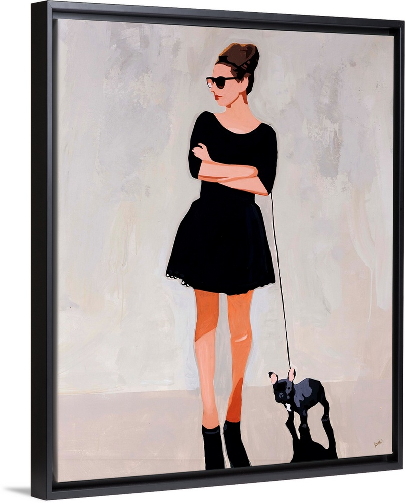 Contemporary portrait of a fashionable woman walking her French bulldog in front of a neutral background.