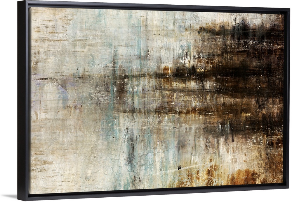 Abstracted painting of frequency lines in neutral shades from cream to dark brown.