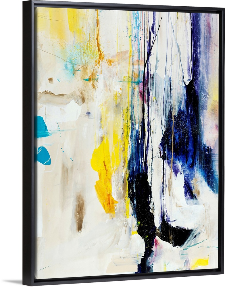 Abstract painting of multicolored patches and shapes that appear to be dripping downward from the top of the image, on a l...