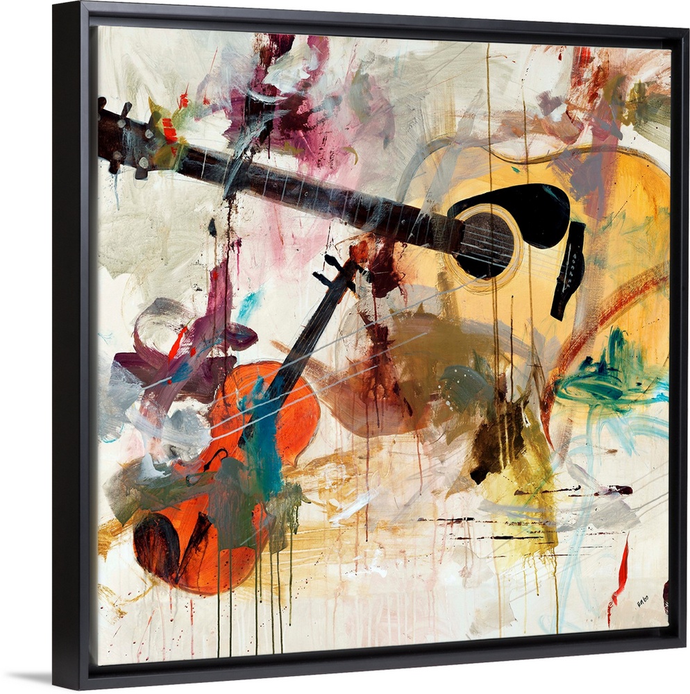 Contemporary artwork of instruments with splashes of color painted over them.