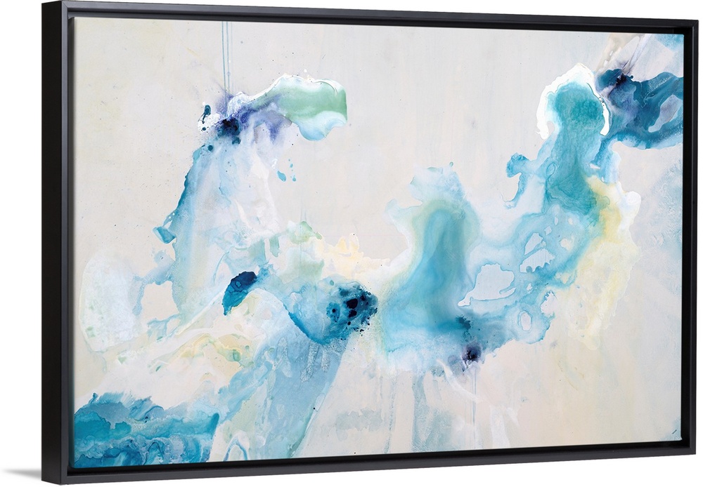 Contemporary art of swirling cool tones that resemble dye dropped in water, on a light, neutral background.